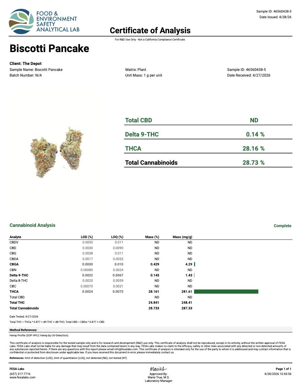 First page of the product lab report