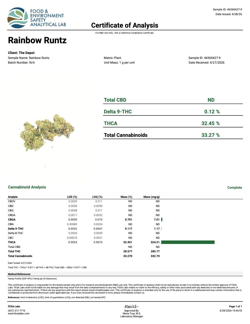 First page of the product lab report