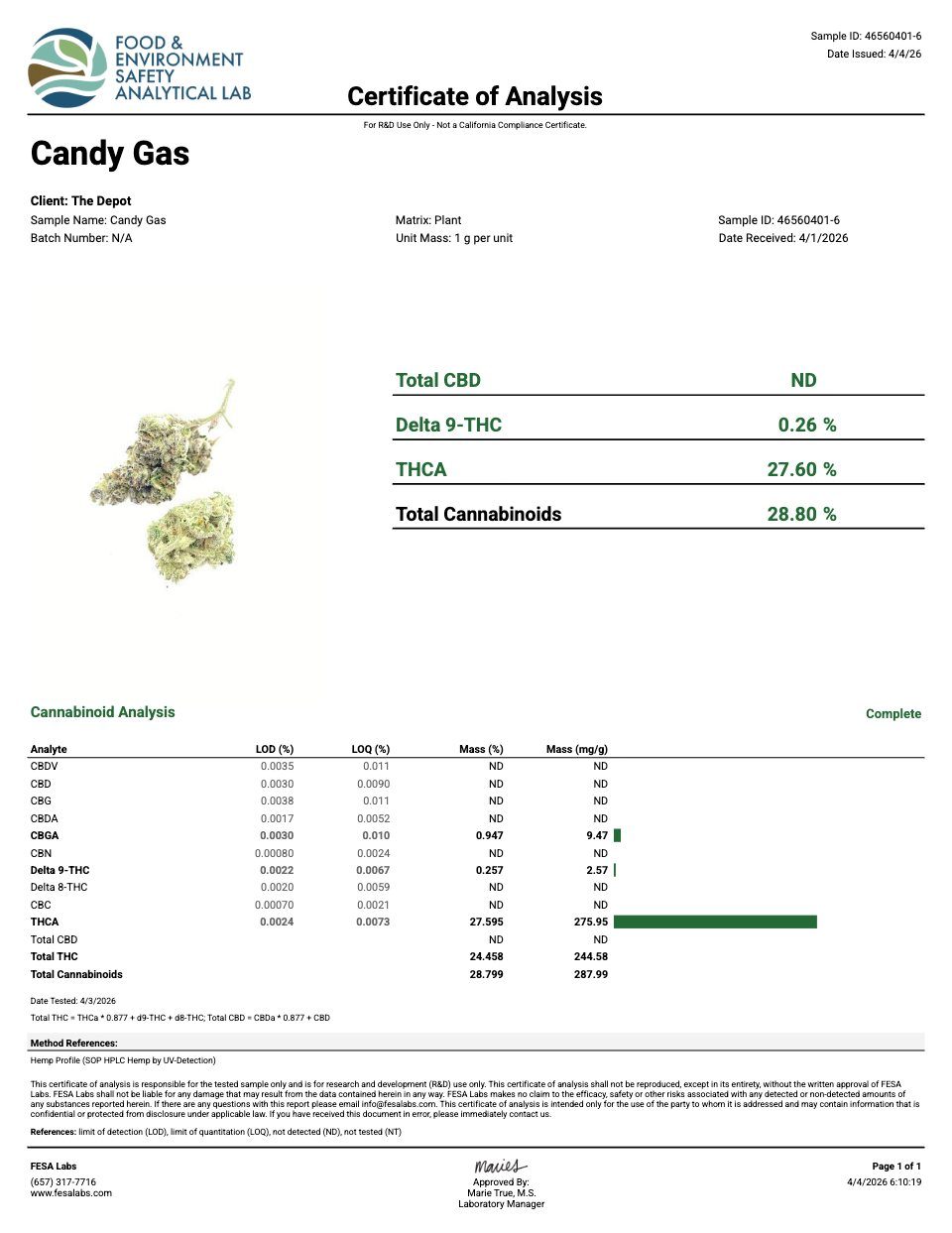 First page of the product lab report