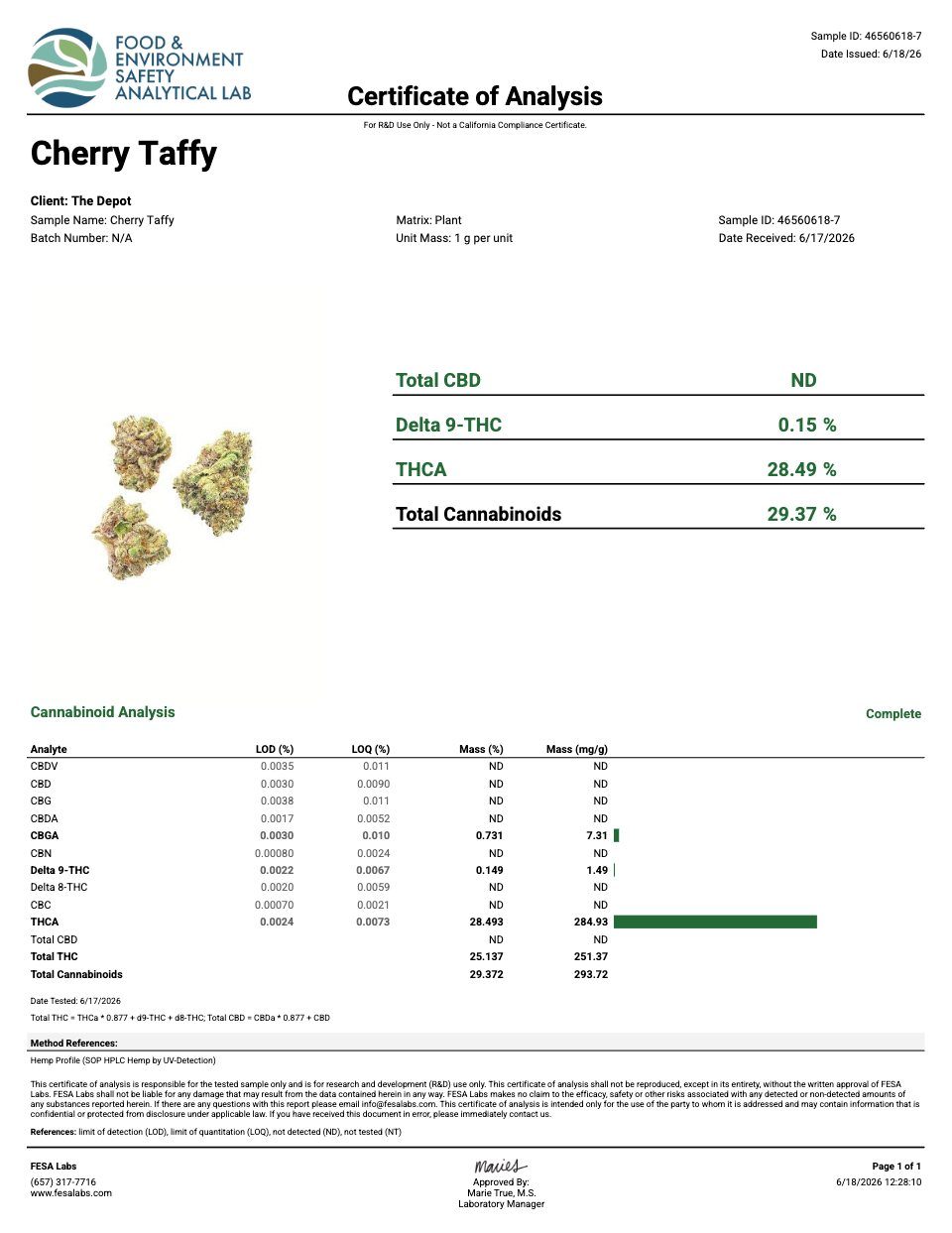 First page of the product lab report