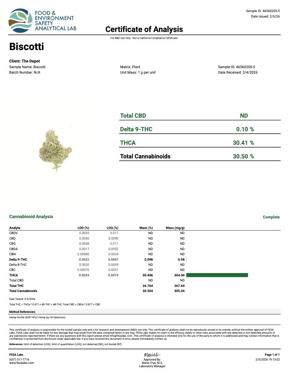 First page of the product lab report