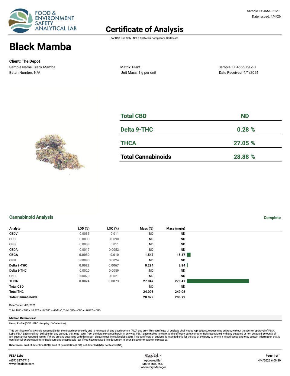 First page of the product lab report