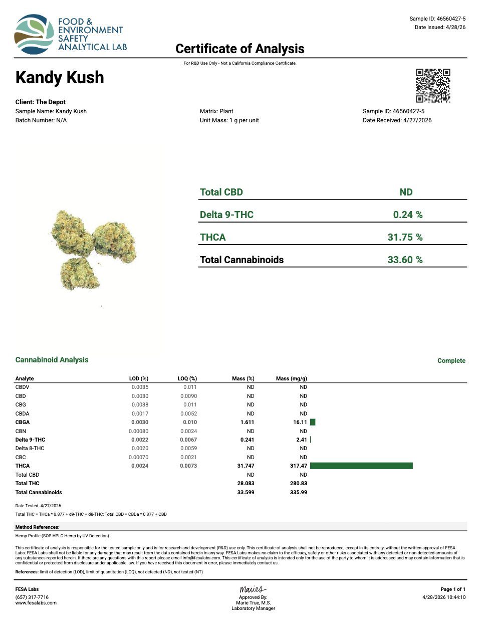First page of the product lab report