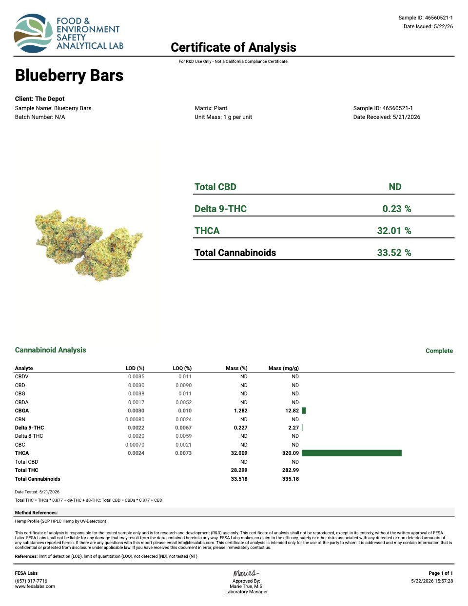 First page of the product lab report