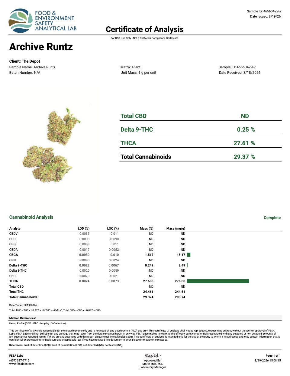 First page of the product lab report